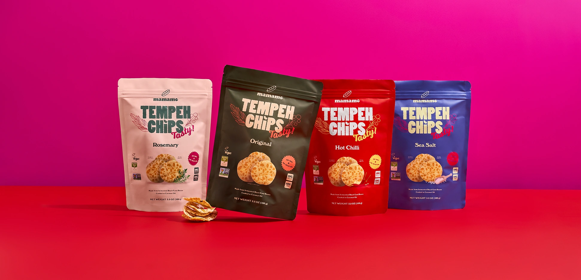 An image of 4 packs of mamame tempeh chips.